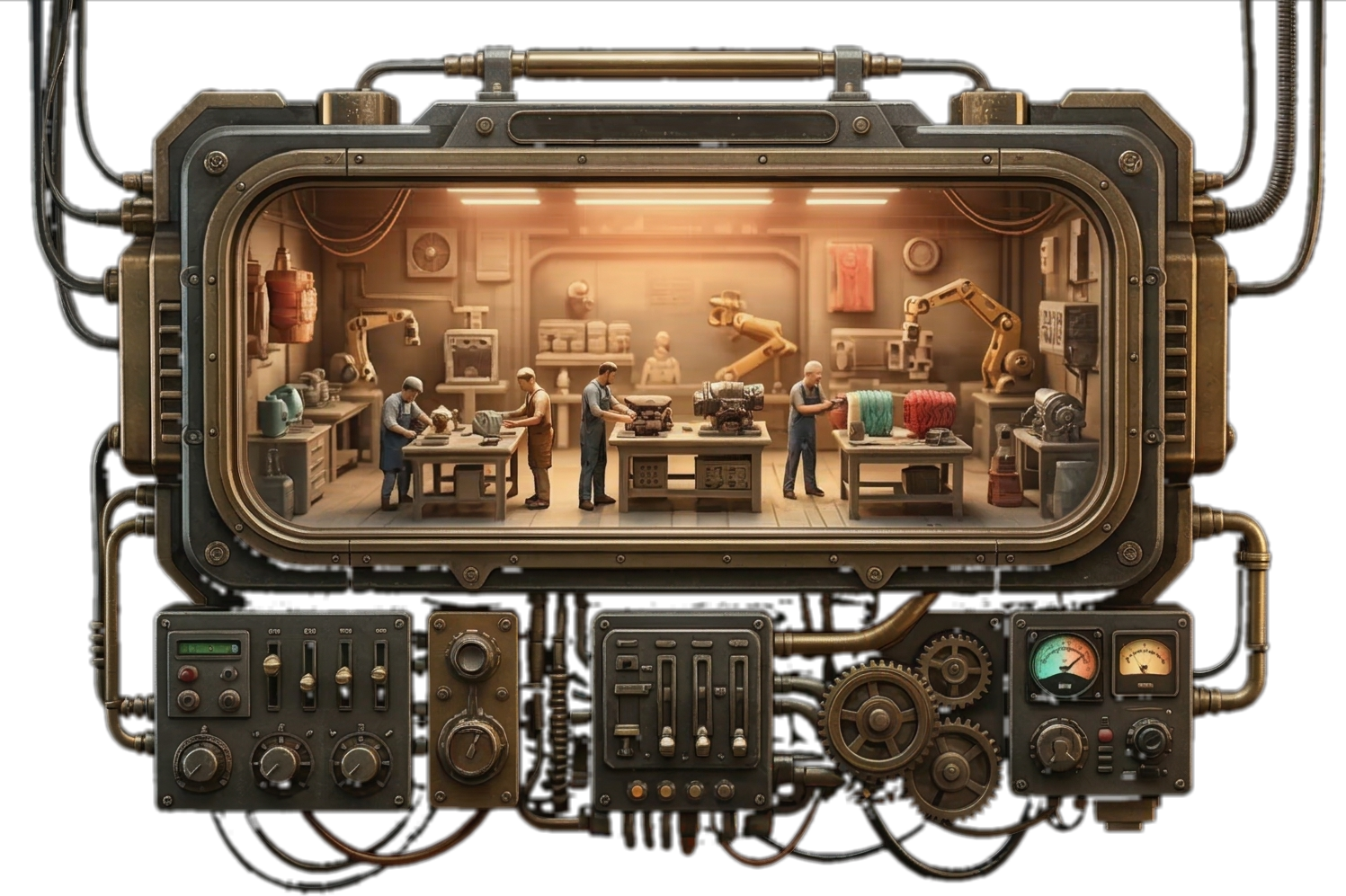 Steampunk factory diorama — the Phyzify manufacturing floor
